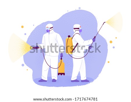 Covid-19 disinfection. Vector illustration of two men in white hazmat suits cleaning and disinfecting coronavirus. Isolated on abstract background