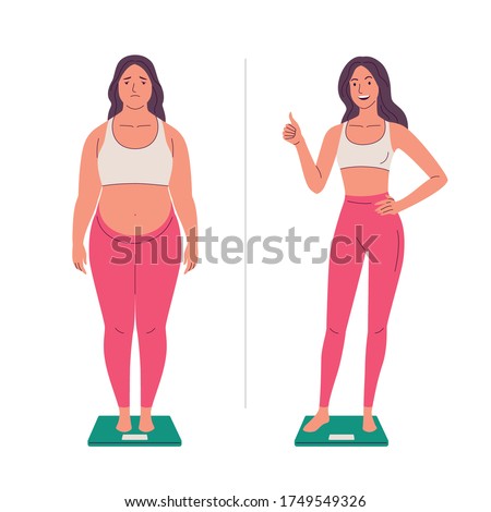 Weight loss. Vector illustration of cartoon young sad woman with overweight and same happy woman with slim body, standing on the scales. Isolated on white.