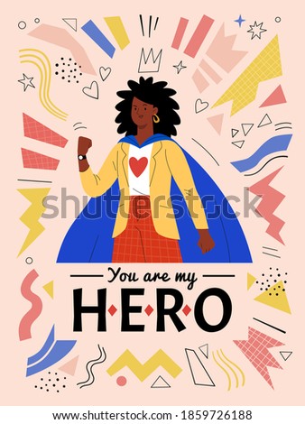 You are my hero. Vector illustration in modern flat style of an ordinary African American woman in casual clothes and blue cape. Isolated on abstract background