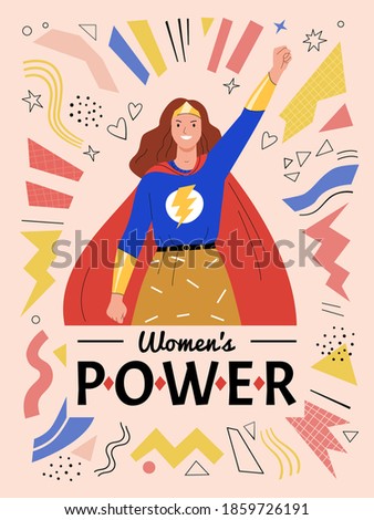 Women's power concept. Vector illustration in modern flat style of an ordinary caucasian woman in casual clothes and super hero red cape. Isolated on abstract background
