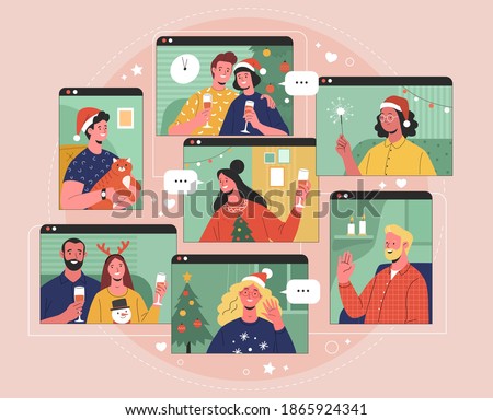 Online Christmas celebration. Vector illustration in trendy flat style of computer and smartphone screens with young adult people in Christmas outfits. Isolated on background