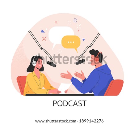 Podcast concept. Vector illustration of two people in headphones talking in studio with microphones. Isolated on background