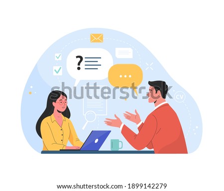 Job interview. Vector flat modern illustration of a man talking to a young woman with laptop. Isolated on background 商業照片 © 