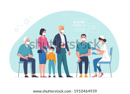 General vaccination against coronavirus. Vector illustration of a young man being vaccinated by a doctor and people of different ages waiting in line. Isolated on background 