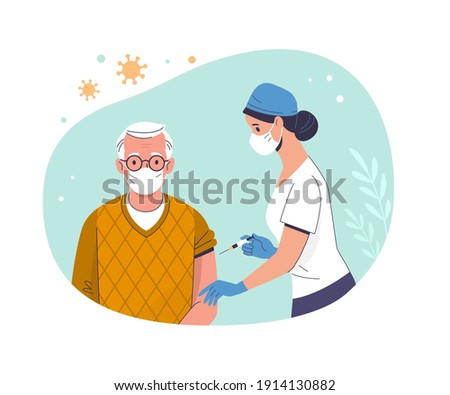 Coronavirus (COVID-19) Vaccination. Vector modern illustration of a  senior man and a doctor with a syringe. Isolated on abstract background