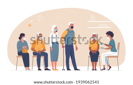 Vaccination of the elderly against coronavirus. Vector illustration of an elderly african-american woman vaccinated by a black doctor and a queue of multiethnic people waiting. Isolated on background 