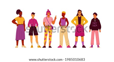 Non-binary people collection. Vector illustration of diverse cartoon young adult people without gender identity in trendy flat style. Isolated on white