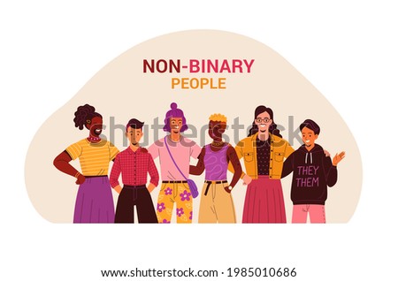 Non-binary people concept. Vector illustration of diverse cartoon young adult people without gender identity, standing together. Trendy flat style. Isolated on white