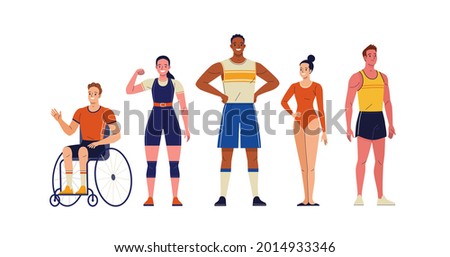 Group of athletes. Vector illustration of diverse cartoon men and women in athletic uniforms from different branches of sport: weightlifting and athletics, artistic gymnastics. Isolated on white Foto d'archivio © 
