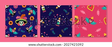 Mexican patterns collection. Seamless vector patterns with traditional Mexican sugar skulls, flowers, hearts and candles on dark blue and pink backgrounds