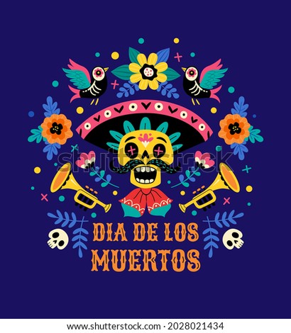 Dia de los Muertos concept. Vector flat cartoon illustration with sugar festive skull in sombrero, surrounded by flowers, birds and trumpets, isolated on dark blue background.