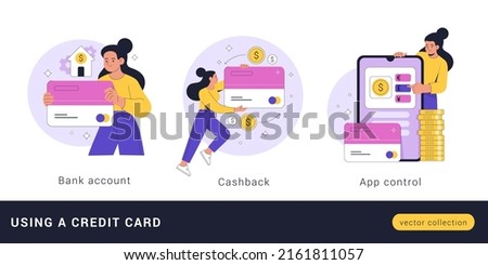 Functions and use of a credit card concept. Vector cartoon flat illustration of a young woman who uses a bank card and receives a cashback, conducts transactions using a mobile application