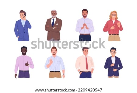 Collection of male avatars of businessmen and office employees. Close-up vector cartoon illustration of men of different ages and ethnicities in office outfits. Isolated on white background