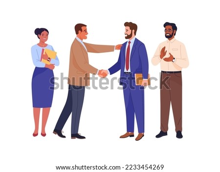 Businessmen meeting. Vector cartoon illustration of diverse smiling business people, and two bosses shaking hands. Isolated on white