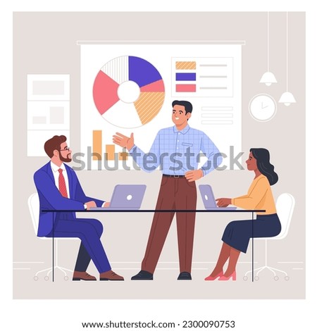 Business Meeting. Vector cartoon illustration in a flat style of three diverse people leading a discussion at a table near a whiteboard with charts and graphs. Isolated on background