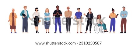 Business team. Vector illustration of diverse cartoon men and women of various ethnicities, ages, and body types in office outfits. Isolated on white.