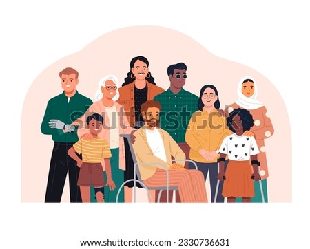 Inclusive People. Vector cartoon illustration in a flat style of a diverse group of people with different types of inclusiveness: LGBT, physical disability, religion, and age. Standing together 