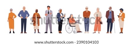 Senior business people collection. Vector cartoon illustration in a flat style of a group of diverse happy multi ethnic people in suits and office outfits. Isolated on white