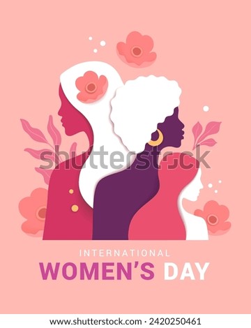 International Women's Day. Vector illustration in modern minimalist style of three female silhouettes with flowers. Pink pastel colour palette. Place for your text.