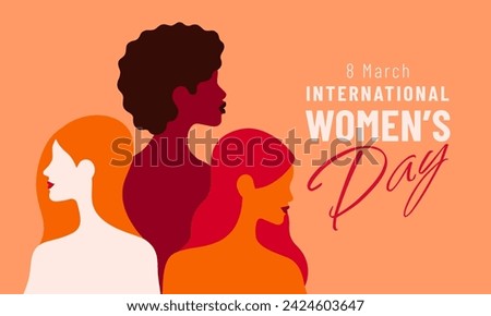 Women's Day horizontal banner. Vector illustration in trendy minimalist style of three diverse women's portraits in profile. Warm colors.