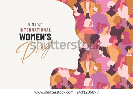 International Women's Day banner concept. Vector modern flat illustration of a silhouette of a female portrait in profile against a background of a pattern of diverse female figures