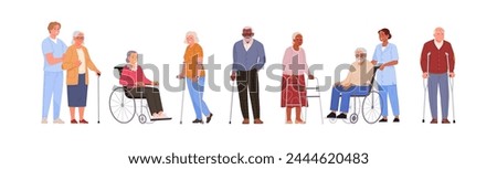 Aged people with assistive devices. Vector illustration in cartoon flat style of senior men and women with crutches, canes, walkers and wheelchairs, and nurses helping them. Isolated on white.