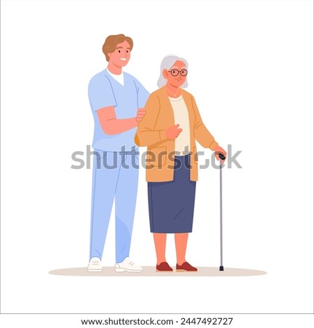 Elderly people support. Vector illustration of senior woman with walking stick and a young male nurse helping her. Isolated on white.