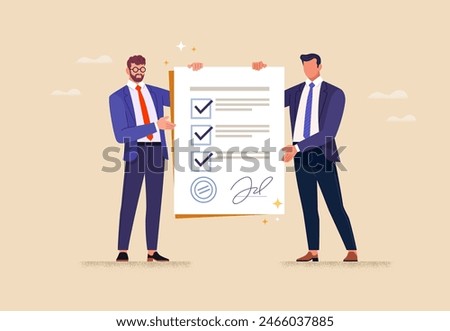 Business agreement concept. Vector illustration in flat style of two businessmen in suits holding a large signed contract. Isolated on background.