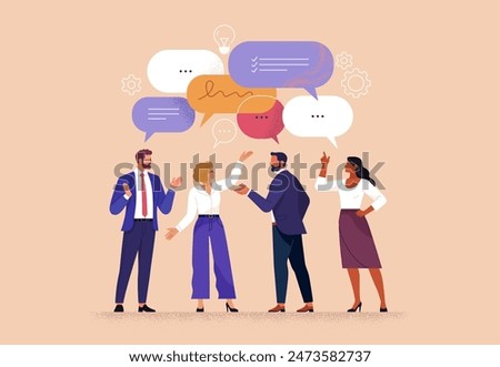 Business Discussion Concept. Vector cartoon full-length illustration in a flat style of various people talking to each other with bubbles over their heads. Isolated on background.