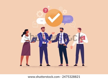 Business Meeting Concept. Vector cartoon full-length illustration in a flat style of business people with two men in suits in the center shaking hands. Isolated on background.