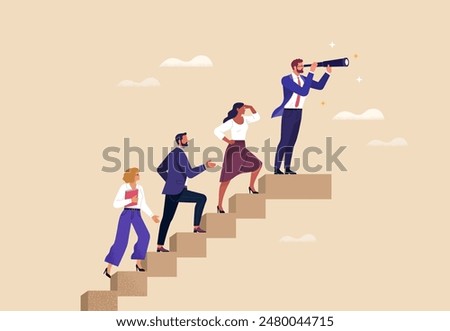 Similar – Image, Stock Photo Follower. A group of people follow. Leadership position, successful management, concept for team and manager with influence.