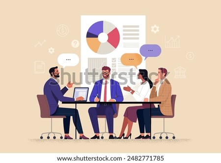 Business Discussion. Vector cartoon illustration in a flat style of a group of diverse people leading a discussion at a table near a whiteboard with charts and graphs. Isolated on background