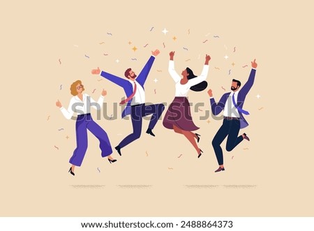 Business Team Success. Vector illustration in flat style of a diverse group of people jumping for joy. Isolated on background with festive tinsel