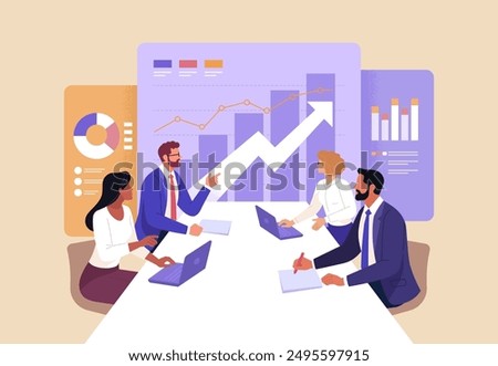 Business Planning concept. Vector illustration in flat style of a group of diverse business people having a discussion at a table with graphs in the background.