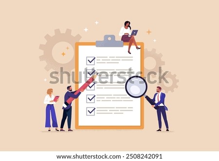 Business Checklist Concept. Vector illustration in flat style of a group of business people working around a clipboard with a document with a list of completed tasks. Isolated on background 