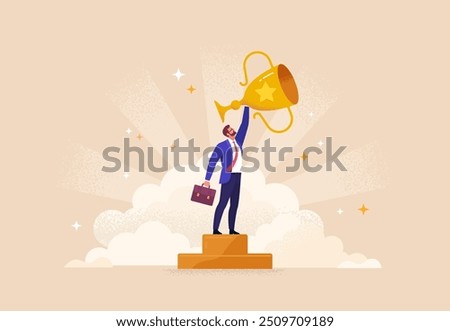 Business Success Concept. Vector illustration in flat style of a man in a business suit with a winner's cup in his hand, standing on a golden pedestal in the rays of glory. Isolated on background 