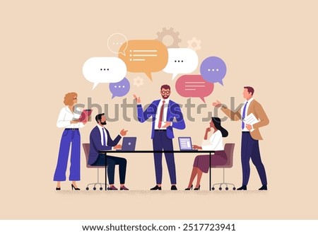 Business Team Brainstorming Concept. Vector illustration in flat style of a group of diverse people at a desk having a discussion with speech bubbles over their heads. Isolated on background 