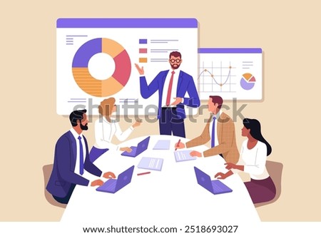 Business Planning concept. Vector illustration in flat style of a group of diverse business people having a discussion at a table with graphs in the background.