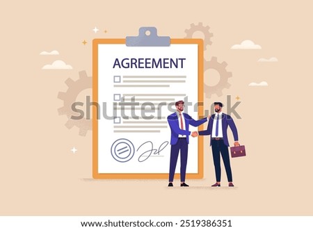 Business agreement concept. Vector illustration in flat style of two men in business suits shaking hands with a signed document in the background. 