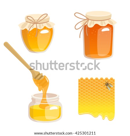 Vector illustration of jars with honey, honeycomb and bee. Honey in jar with honey dipper.
