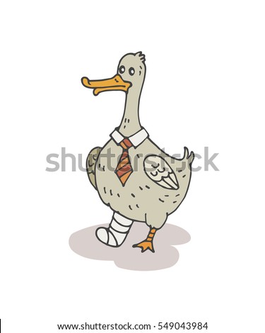 Lame duck. Vector hand drawn illustration of funny white doodle lame duck with a tie and bandaged foot. Isolated on white background.