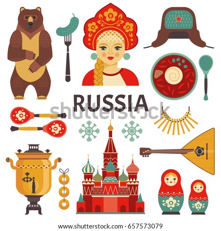 Russia icons set. Vector collection of Russian culture and nature images, including St. Basil's Cathedral, russian doll, balalaika, borscht, portrait of Russian beauty in kokoshnik. Isolated on white.