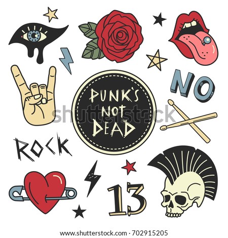 Punk patches collection. Vector illustration of grunge and rock music badges and symbols, such as Rose, Skull, open mouth with tongue, Heart on pin, eye with make up and Drumsticks. Isolated on white.