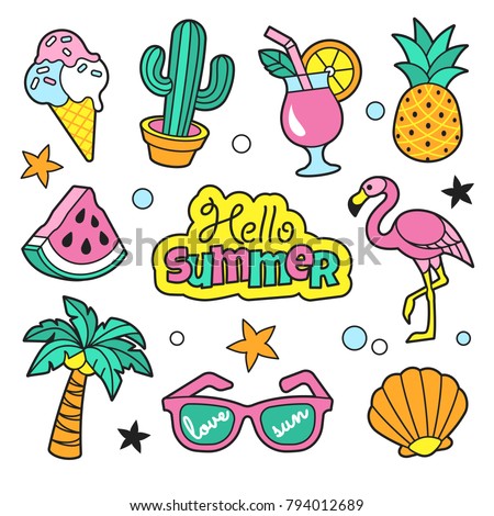 Summer patches collection. Vector illustration of funny summer symbols and icons, such as cactus, flamingo, ice cream, palm, pineapple and sunglasses. Isolated on white.