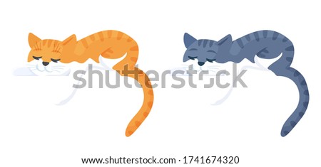 Adorable cats sleeping lying down. Purebred orange and gray tabby pet, lazy animal characters. Isolated vector illustration in cartoon flat style.