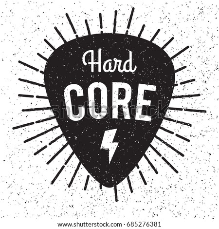 Rock fest Hardcore badge/Label. Guitar pick/mediator with light rays. For signage, prints and stamps. Hardcore music