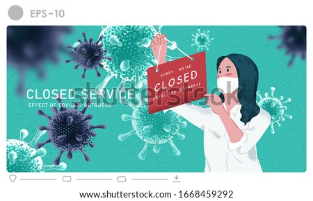 Store shop is closed/bankrupt business concept illustration. Effect of corona virus or covid-19 outbreak 2020. The woman hanging closed sign shop vector background.