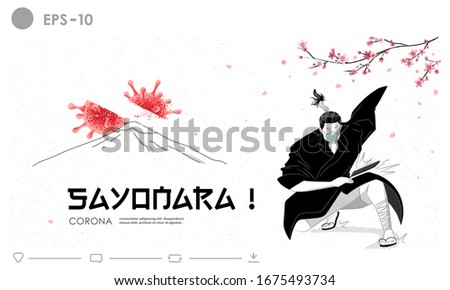 Samurai kill the corona virus outbreak illustration concept. Cherry blossom in japan this spring 2020. Protection from Coronavirus (Covid-19). Fuji Mountain and Sakura flower background.