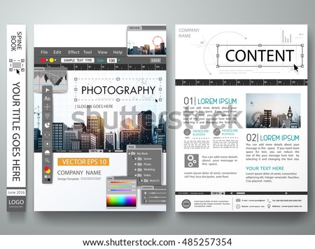 Brochure design template vector.Photography editor monitor.Cover book portfolio presentation poster.City concept in A4 size.Flyers business photo magazine layout.Workspace designer or illustrator.