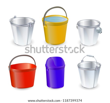 Bucket vector bucketful and bitbucket plastic pail empty or with water bucketing down in garden or pailful for gardening set illustration isolated on transparent background. Vector illustration.